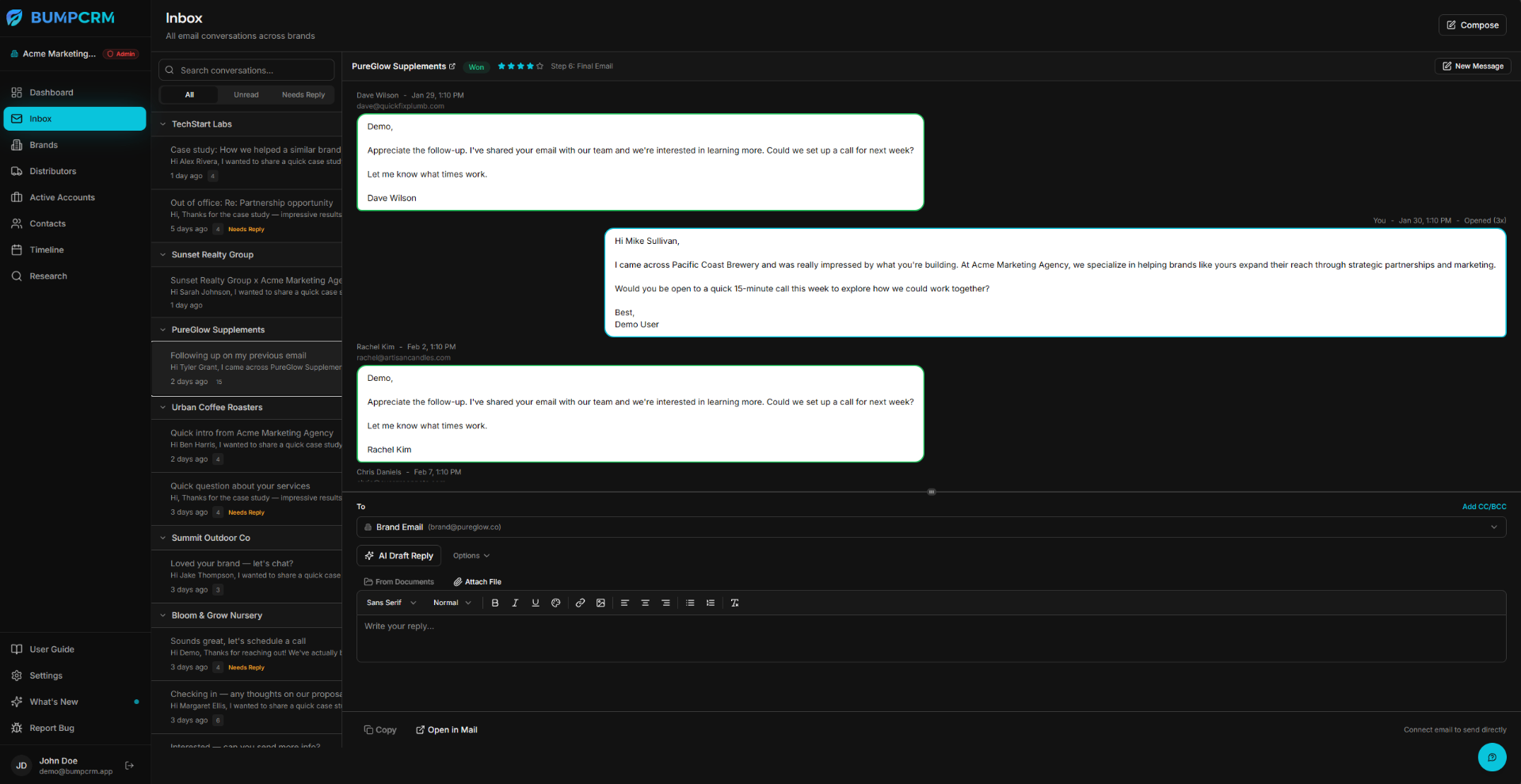 BumpCRM unified email inbox with conversations grouped by brand