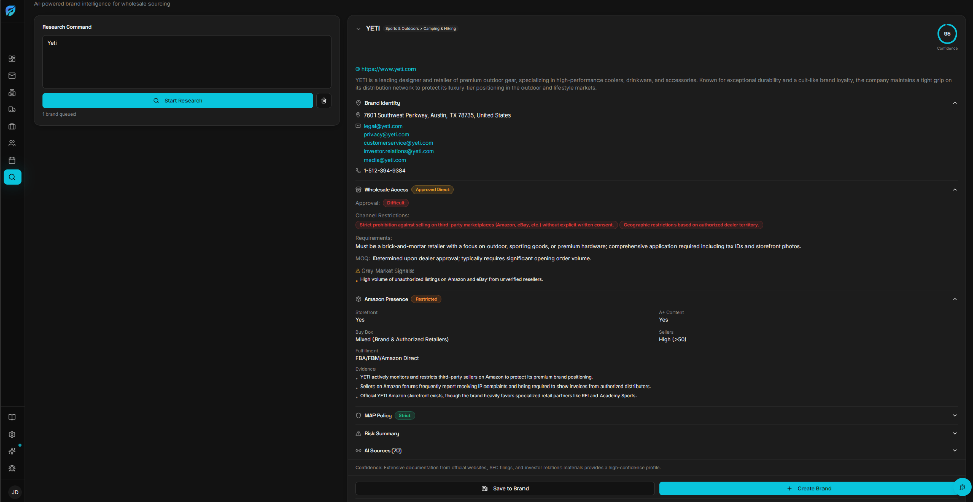 BumpCRM AI brand research interface showing findings and contacts