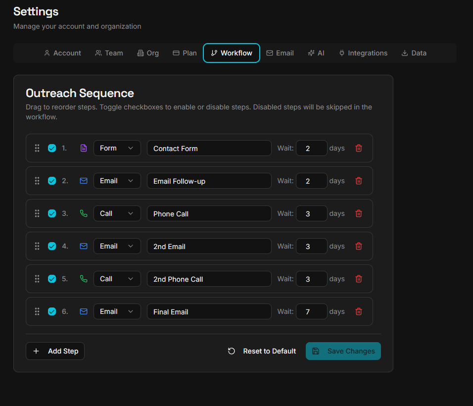 BumpCRM drag-and-drop workflow builder with email and call steps